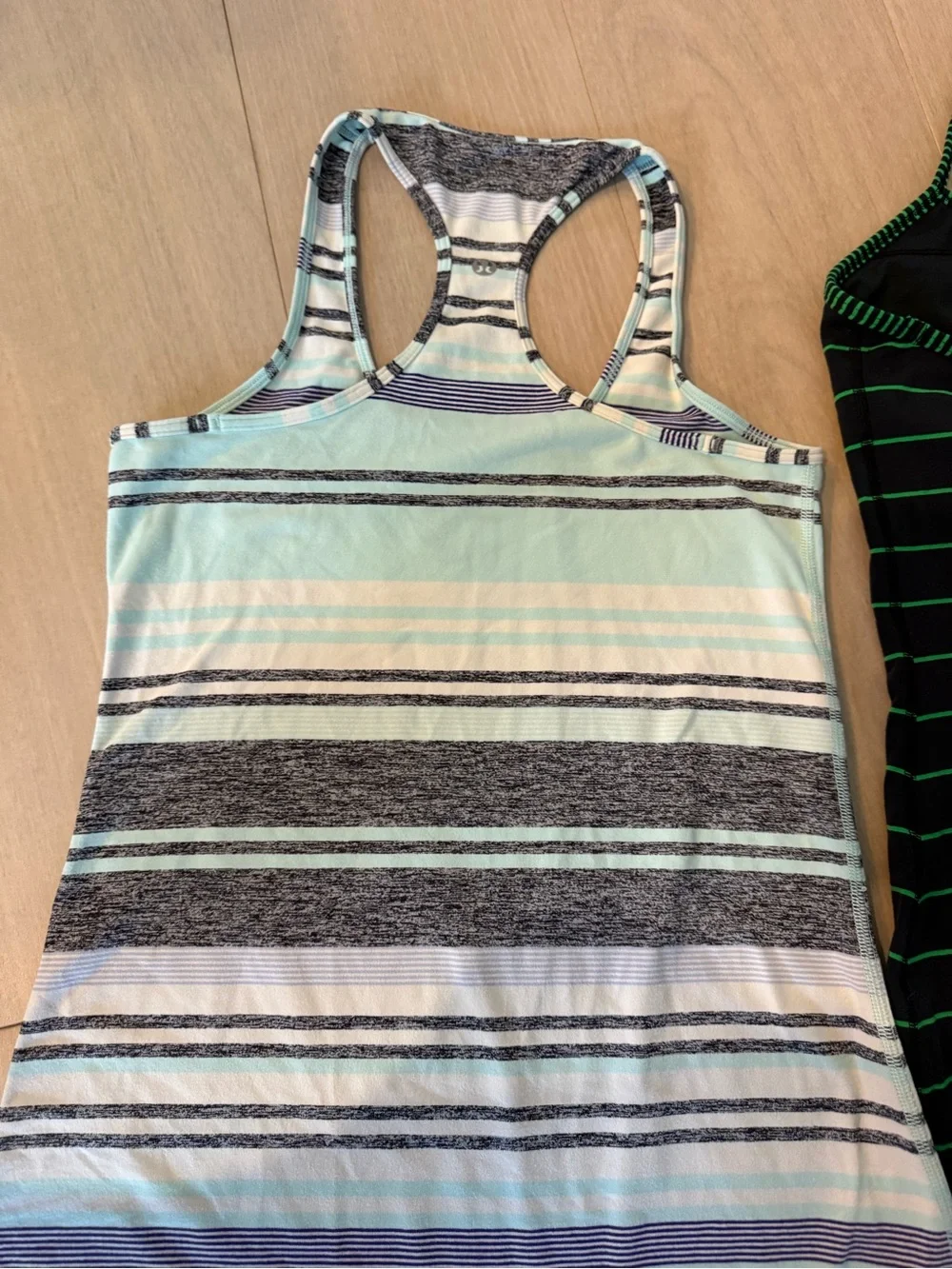 2 Lululemon Athletica Striped Racerback Tank - Light Blue & navy with green